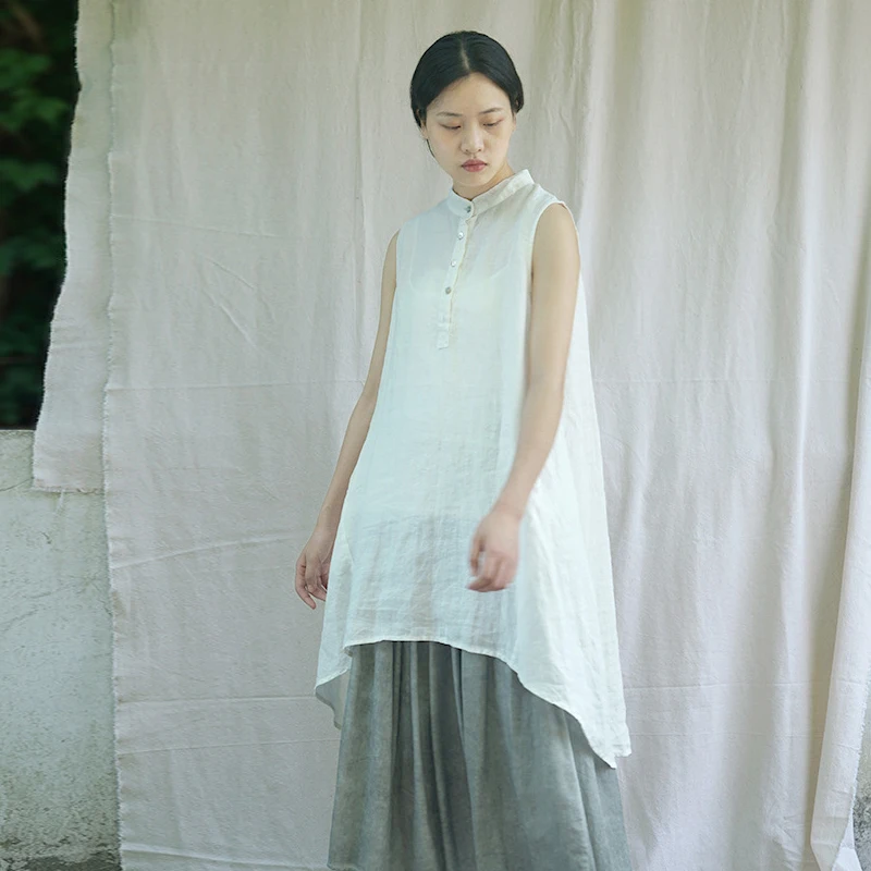 Johnature 2021 Summer New Stand Women Solid Color Shirt Dress Button Sleeveless Clothes Vintage Casual Cotton Linen Vest Dresses | Женская
