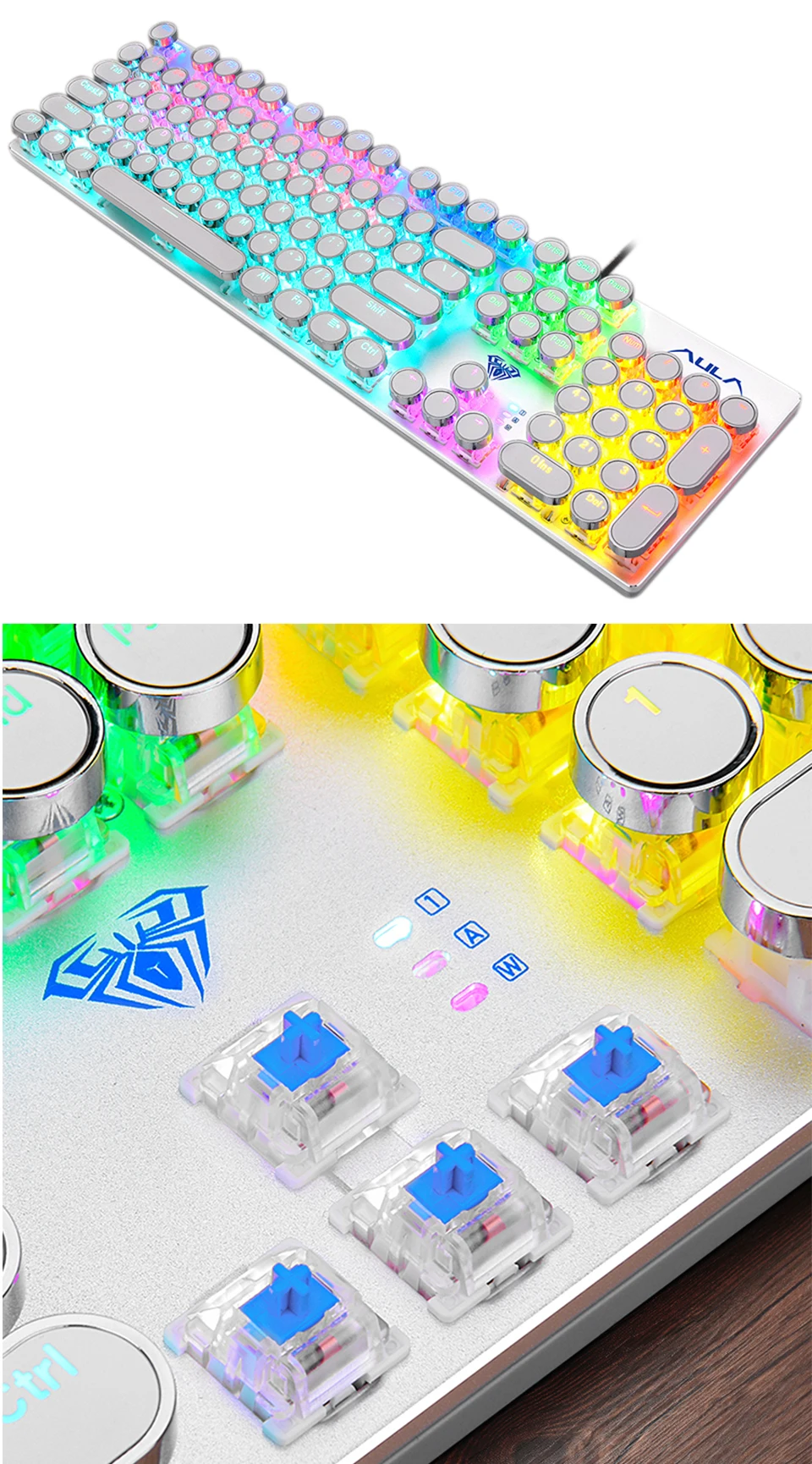 AULA Ретро стимпанк Механический Клавиатура металлическая панель RGB светодиодный синий переключатель USB 104 клавиш игровая клавиатура#2068