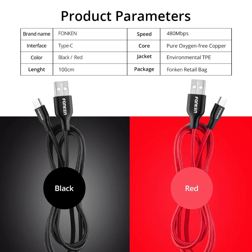 FONKEN USB C кабель для быстрого зарядного устройства type C кабель для телефона 2,4 A шнур для быстрой зарядки и передачи данных с нейлоновой оплеткой usb type-C кабели для мобильных телефонов