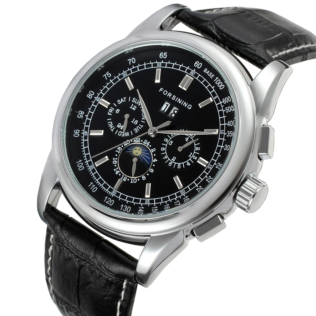 

Fashion FORSINING Top Brand Simple Men Watches Casual Auto Mechanical Genuine Leather Strap Watch Rhinestone Moon Phase Display