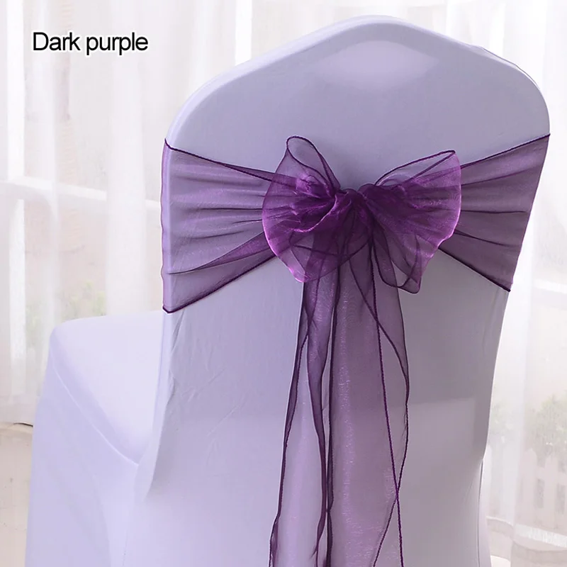 Dark Purple 100 шт. чехол на стул из органзы с бантом для свадебного банкета, праздника, дня рождения, украшения на стул из органзы с поясом, декор на стул - Цвет: Dark Purple