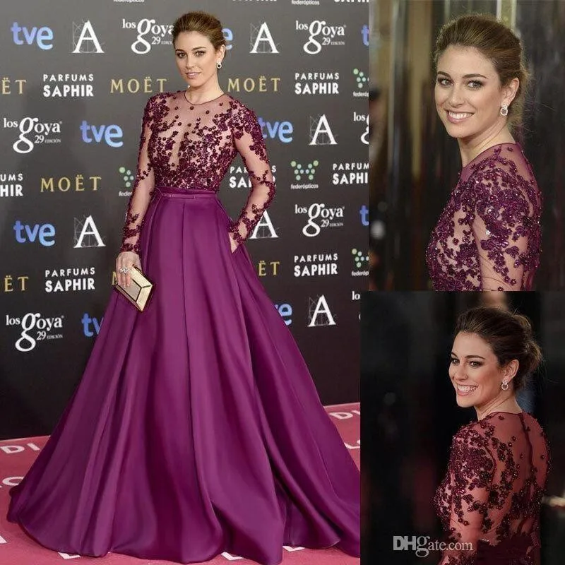 

Purple Muslim Evening Dresses A-line Long Sleeves Appliques Beaded Islamic Dubai Saudi Arabic Long Evening Gown Prom Dress
