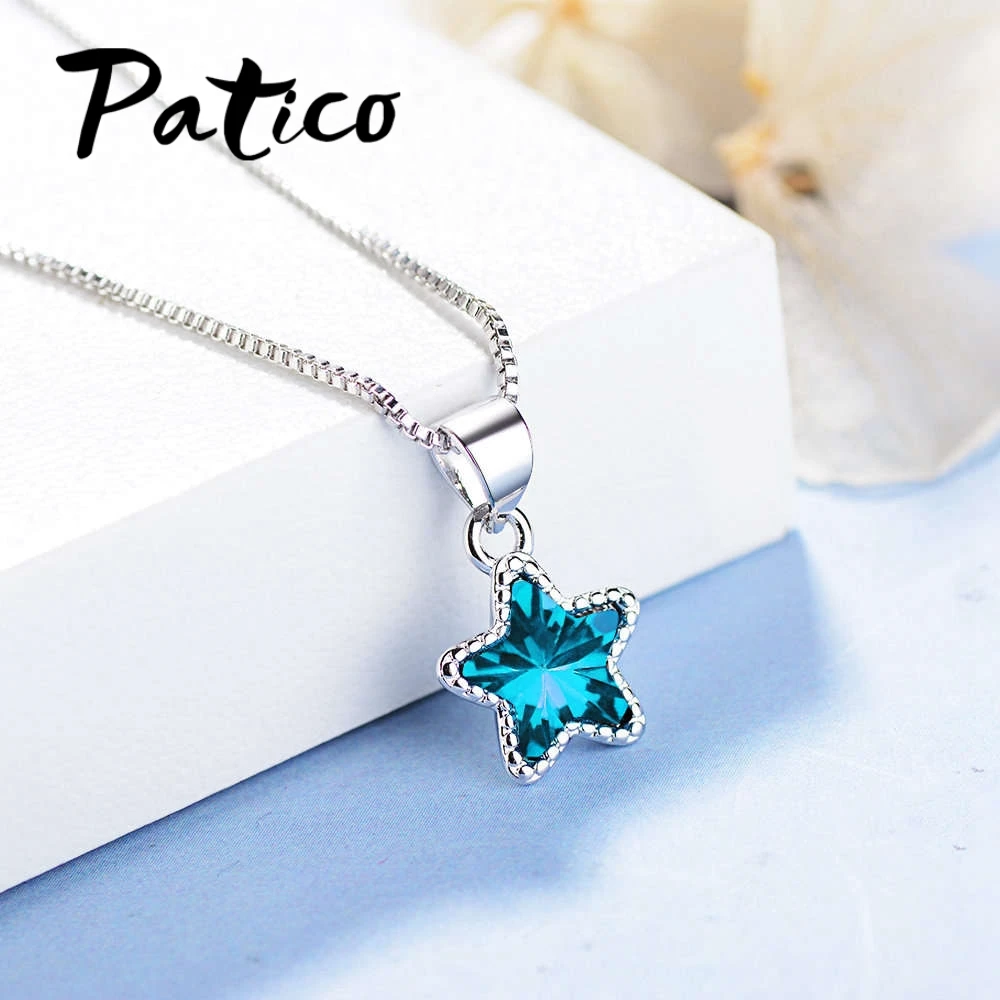 Fashion 925 Sterling Silver Necklace For Women Jewelry Charm Blue Star Crystal Pendants Accessories Party Girl Lady | Украшения и