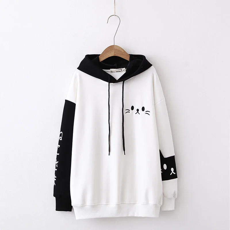 white WXCTEAM, женские толстовки с капюшоном, осень, длинный рукав, хит, цветной пуловер, Femme, мультяшная кошка, вышивка, Harajuku, толстовки - Цвет: white