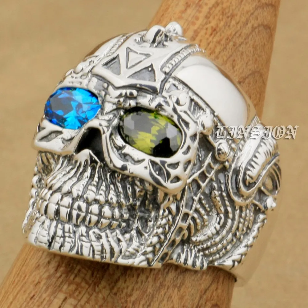 

925 пробы, серебряное, синее, зеленое, с чешскими глазами, готическое, тату, Череп, мужские, для мальчиков, байкер, рок, панк, кольцо, 9G405, размер С...