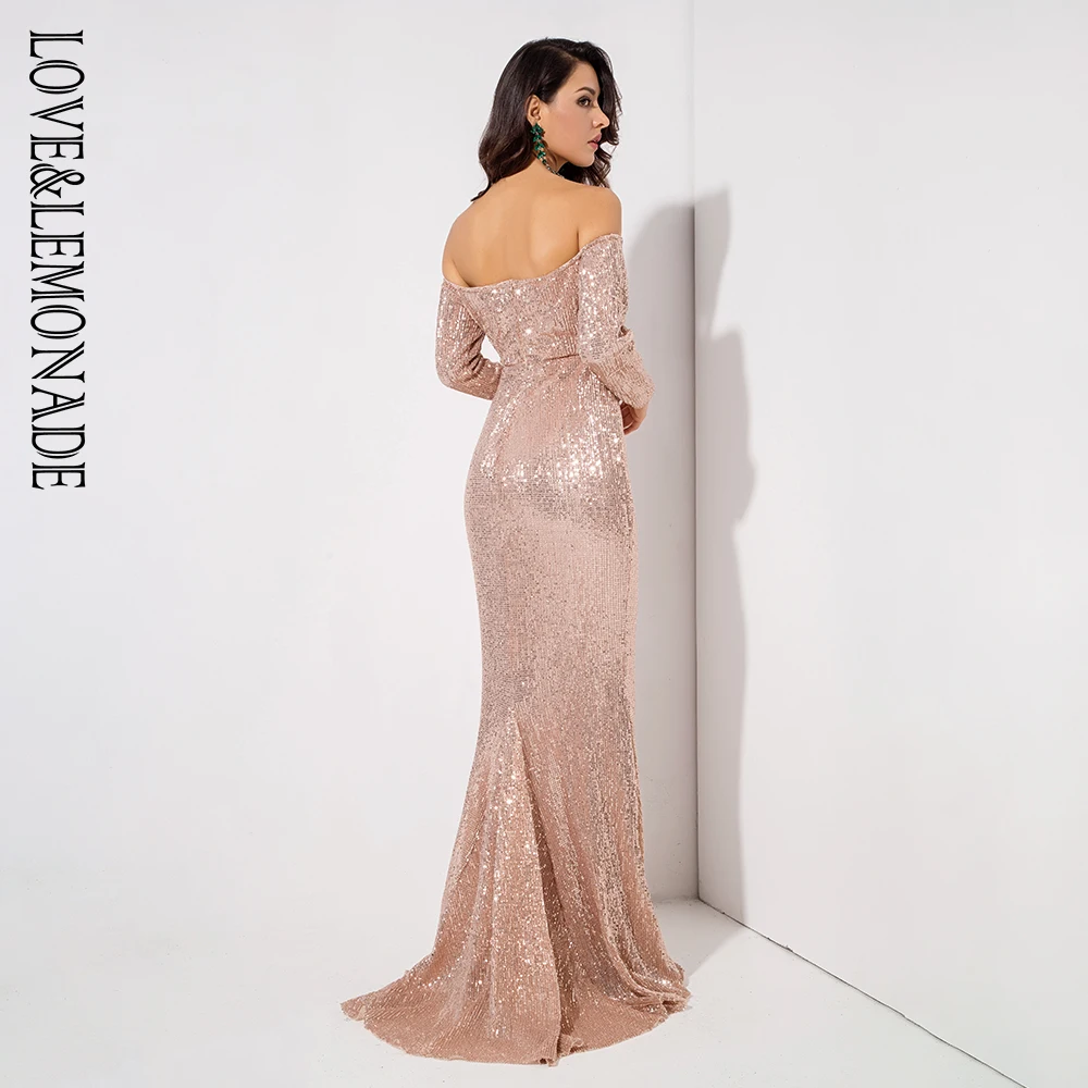 Длинное эластичное платье LOVE &amp LEMONADE золотистое с глубоким V-образным вырезом и