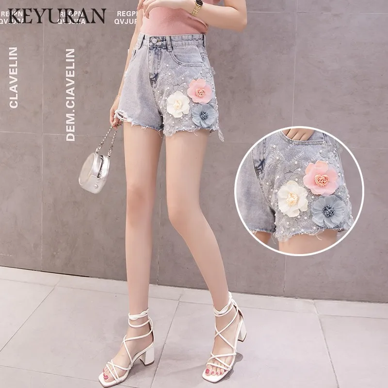 Embroidery Flowers Beading Pearls Hole Denim Shorts For Women 2019 Summer New Trendy Slim Casual Womens High Waist Hot | Женская одежда