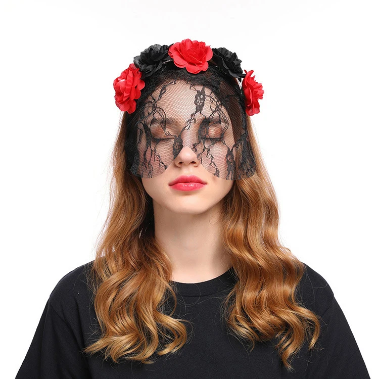 Europe and the United States new rose flower lace veil headdress Christmas Halloween Queen retro headband wholesale |