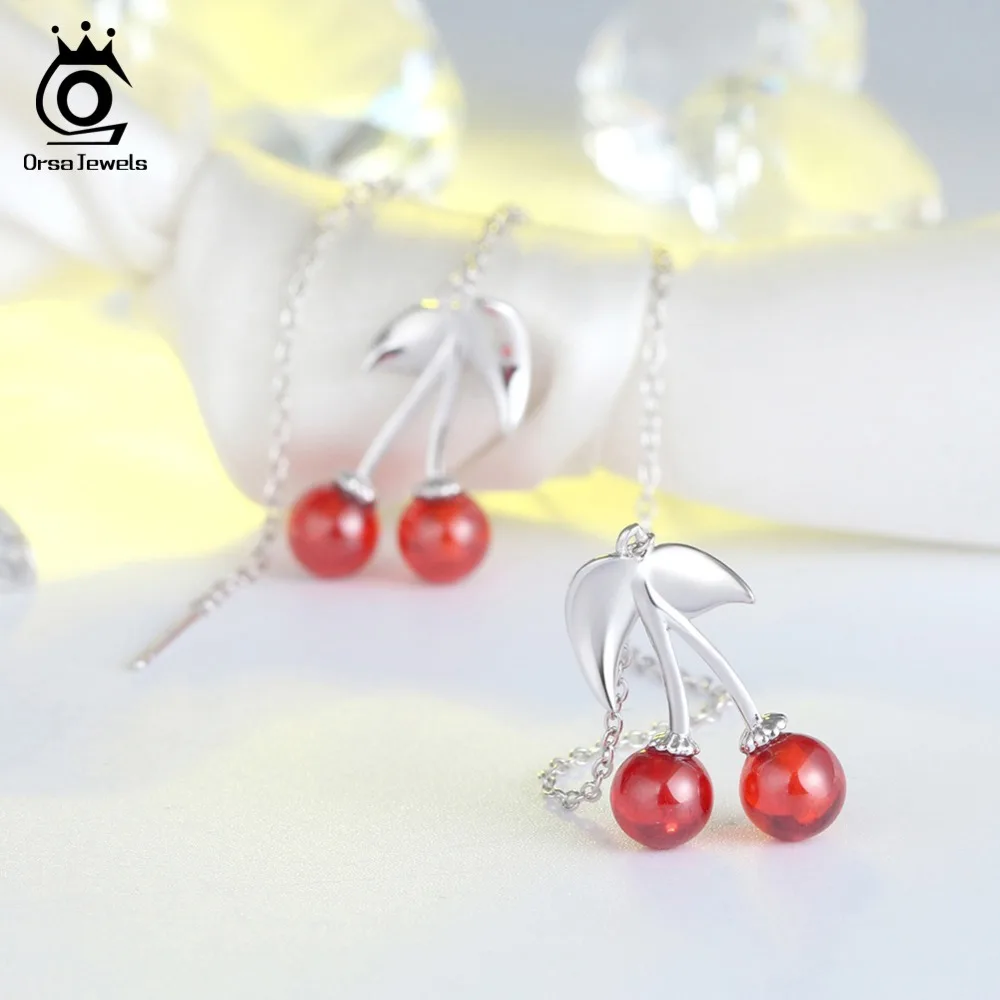ORSA JEWELS Настоящее 925 пробы серебряные женские висячие серьги длинная цепочка Вишневый узор гранат женские вечерние романтические ювелирные изделия SE100