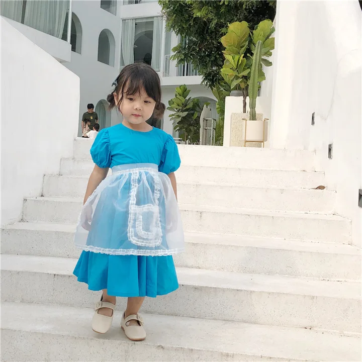Korean style baby girls fashion solid color puff sleeve princess dress with mesh apron 1-6 years kids all-match long dresses | Детская