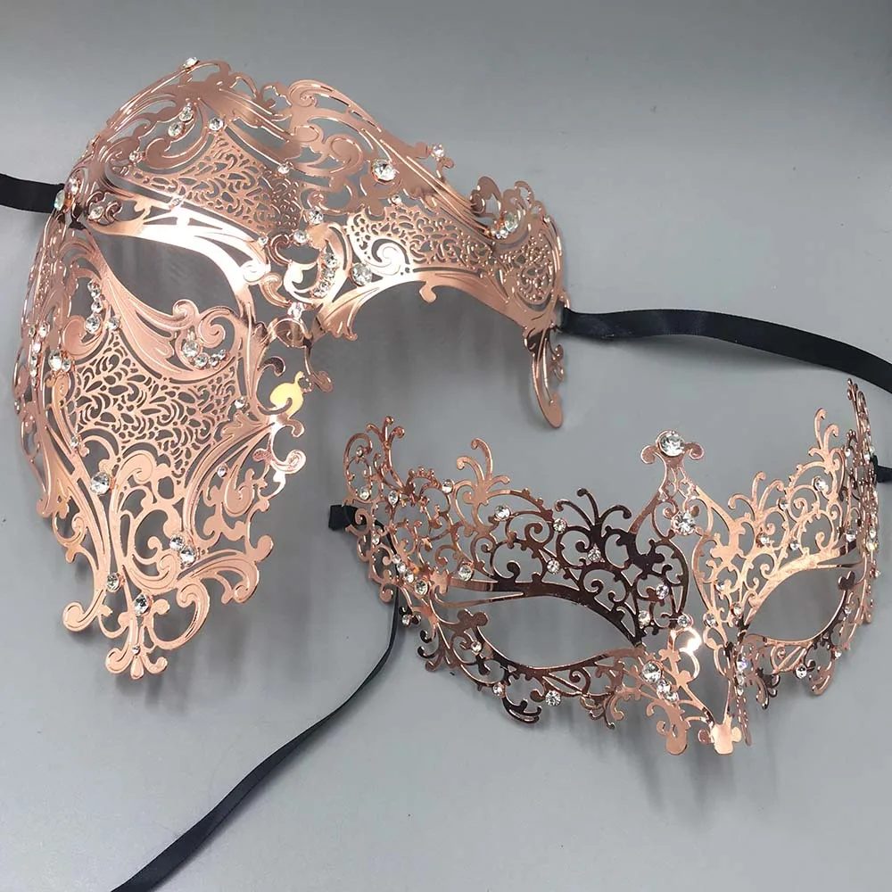 Rose Gold Филигранная пара масок череп Венецианский маскарадный золотой костюм Марди Грас mascaras маска на Хэллоуин Лазерная резка Металл Карнавальная маска - Цвет: Rose Gold