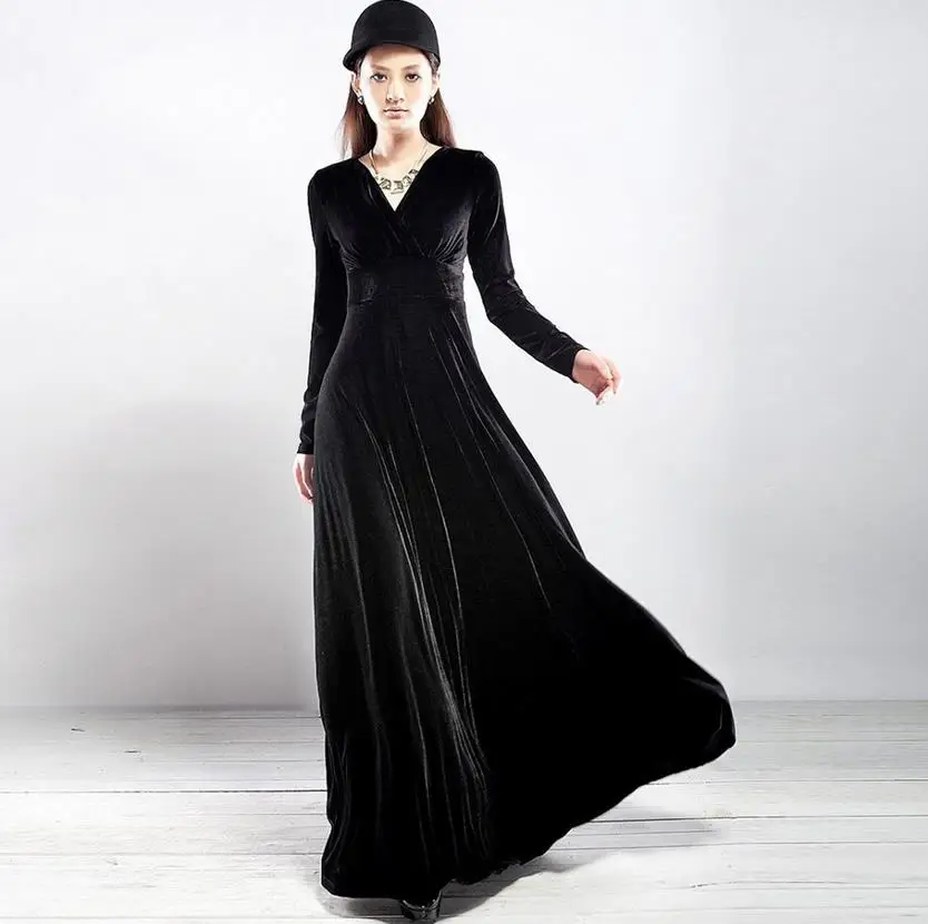 Женское бархатное платье макси с длинным рукавом и глубоким V образным