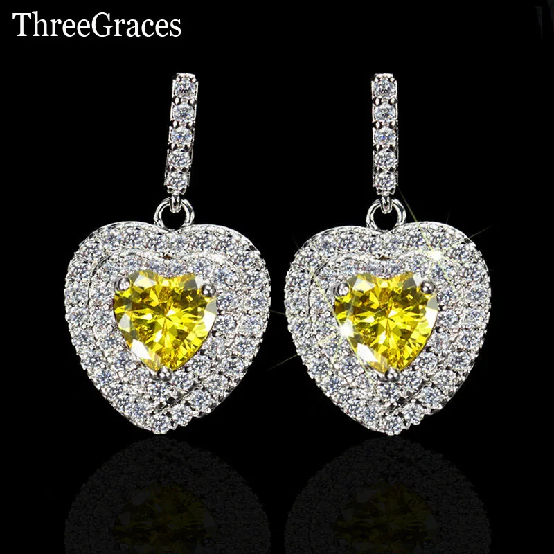 yellow ThreeGraces, идеальная 925 пробы, серебро, CZ камень, проложенный фиолетовым кристаллом, большое сердце, висячие серьги для Святого Валентина, ювелирное изделие, подарок ER303 - Окраска металла: yellow