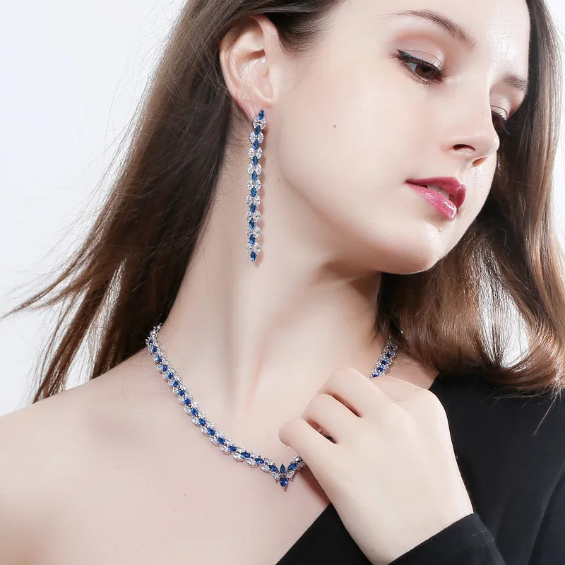 Marquise синий зеленый красный белый Zirocnia Серебряные Ювелирные наборы для женщин длинные серьги ожерелье подвеска помолвка Подарок на годовщину