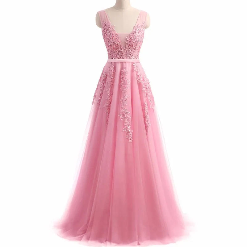Vestidos de festa вечернее платье Robe De Soiree v-образный вырез с кружевной аппликацией Длинные вечерние платья из тюля розовый темно-синий