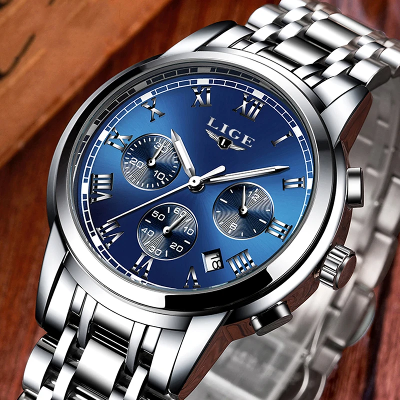 Часы наручные LIGE Мужские кварцевые брендовые Роскошные спортивные
