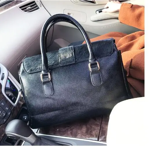2019 split leather women's handbag real horsehair shoulder bag large capacity with belt buckle | Багаж и сумки