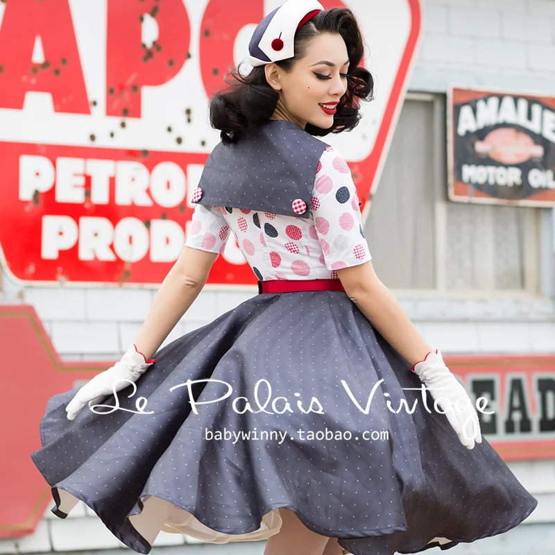 Le Palais винтажный 2016 осенний Новый темно синий горошек хит цвет был тонкий принять