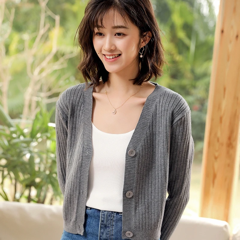 2020 Sexy V Neck Women Cardigan Sweater Ribbed Knitted Tops Ruffled Cute Girls Coat Spring Autumn Jacket Sweaters |