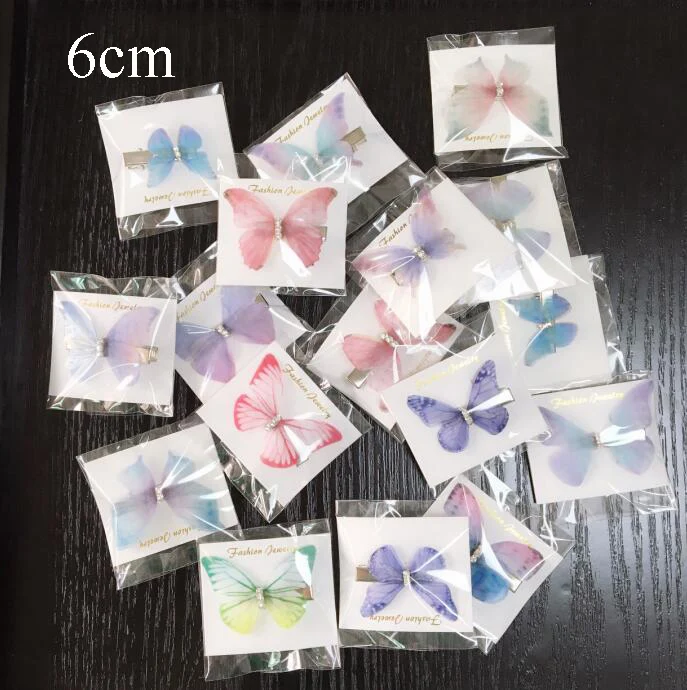 Double Layer 6cm 80 шт Стразы двухслойные Тюль Бабочка заколка для волос для женщин шпильки для волос Марля бабочка аксессуар для волос украшения - Цвет: Double Layer 6cm