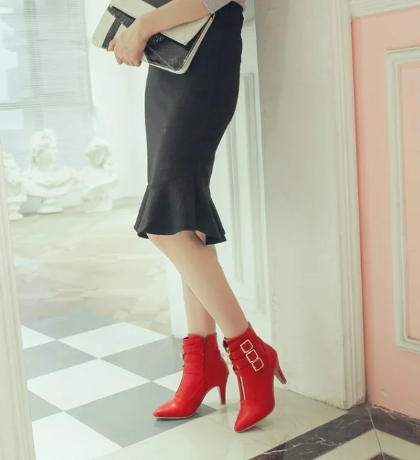 Женские ботильоны на высоком каблуке с острым носком молнии|Женские полусапожки|