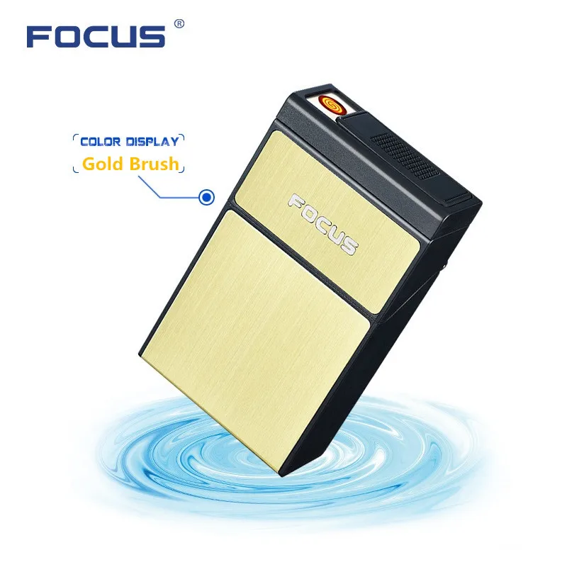 Gold Фокус сигаретная коробка со съемной электронной зажигалкой USB 20 шт сигаретный держатель плазменный турбо Новинка Зажигалка гаджеты для мужчин - Цвет: Gold