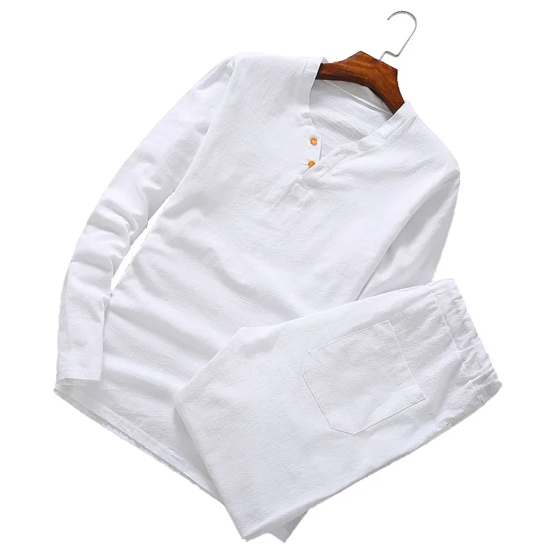 

Пижама Мужская из хлопка и льна, брюки с длинным рукавом, одежда для сна, комплект мужской пижамы