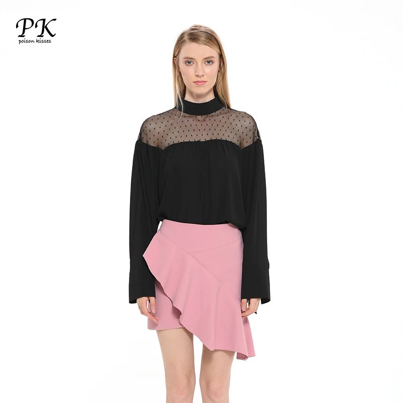 PK шифоновая блузка женские рубашки женская черная сетчатая сексуальная одежда с