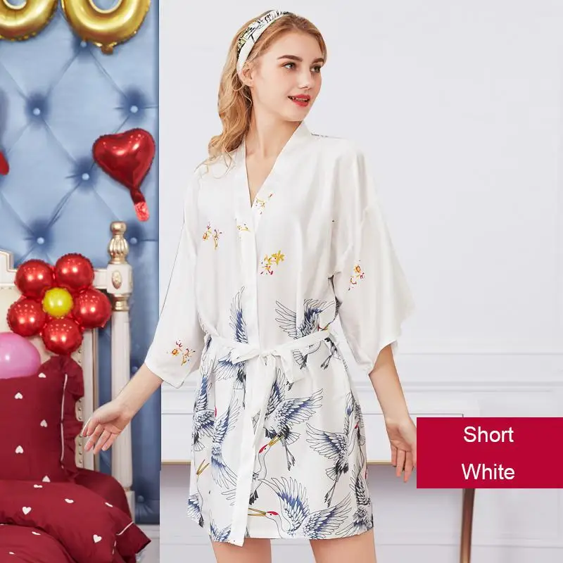 Short White Сексуальный женский халат с принтом животных, Атласный халат из вискозы, женское кимоно, Пижама для гейши, свадебное Ночное белье для невесты, халаты для невесты - Цвет: Short White