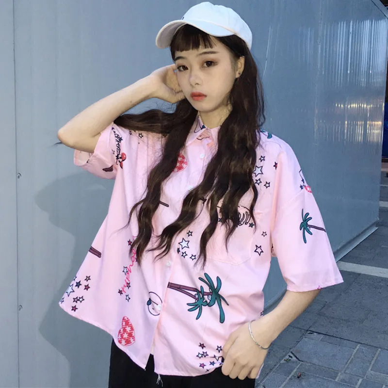 2018 летние женские Топы Harajuku милые рубашки ulzzang с милым принтом короткий рукав