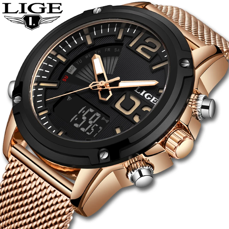 Часы наручные LIGE Мужские Цифровые брендовые водонепроницаемые кварцевые