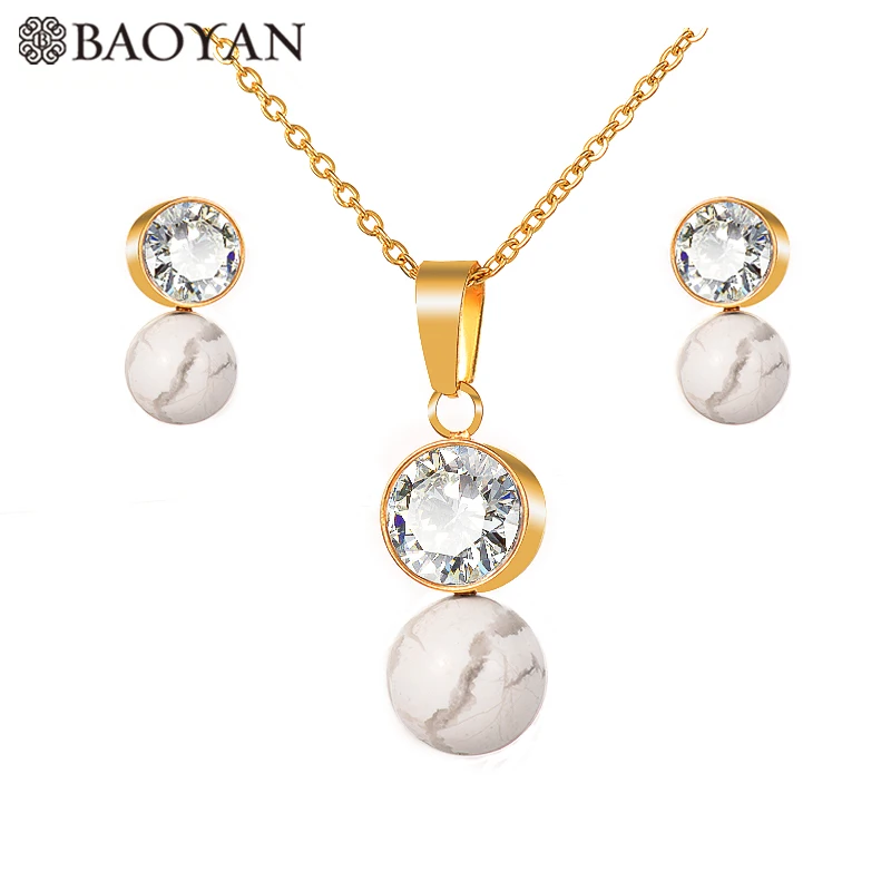 BAOYAN Элегантный Золотой Серебряный Chian 8 цветов круглая Хрустальная жемчужная подвеска женское ожерелье из нержавеющей стали ювелирный набор для женщин