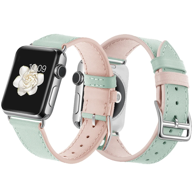Ремешок из натуральной кожи для apple watch band 44 мм 40 двухцветный браслет iwatch 42 38