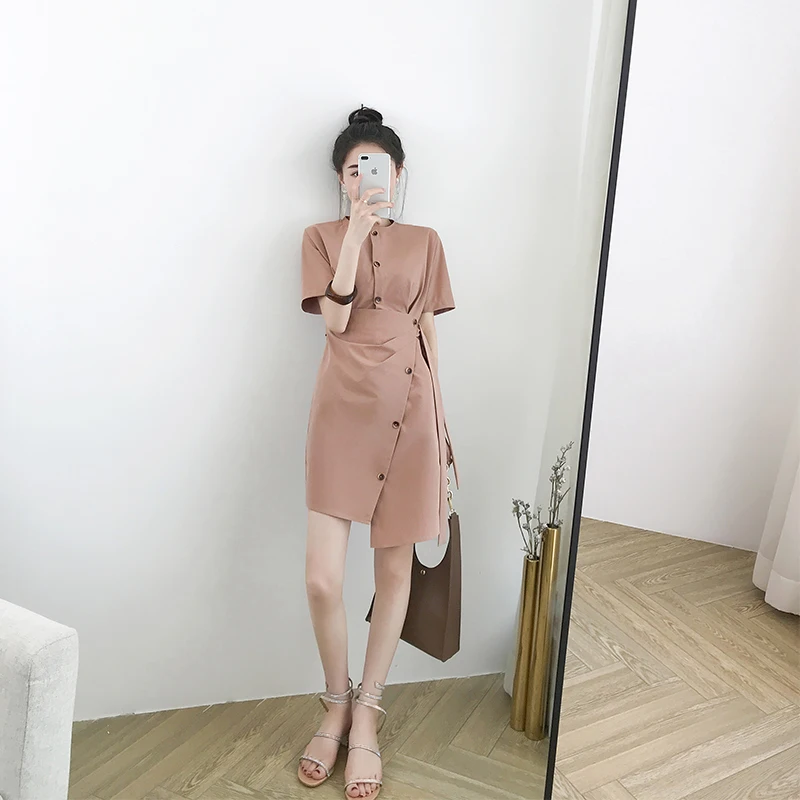 Summer Dress Women Female Vintage Glegant Woman Short Sleeve Button Asymmetrical Dresses | Женская одежда