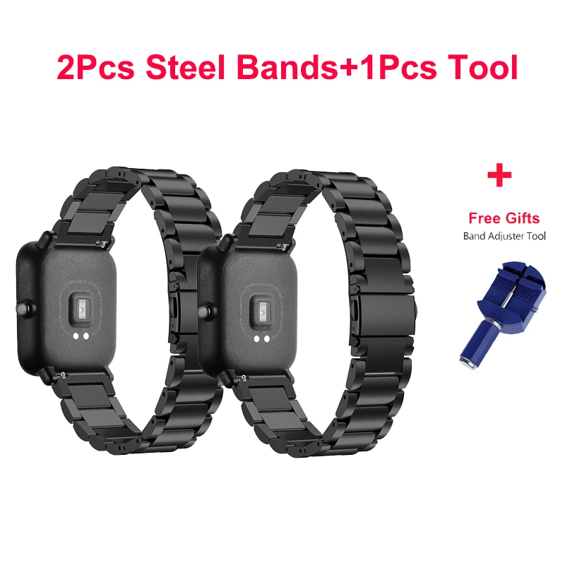 Металлический браслет миланские часы ремешок для Xiaomi Huami AMAZFIT Bip Smartwatch 20 мм Универсальный Ремень Замена для WeLoop hey 3s - Цвет: 2Pcs Black and tool