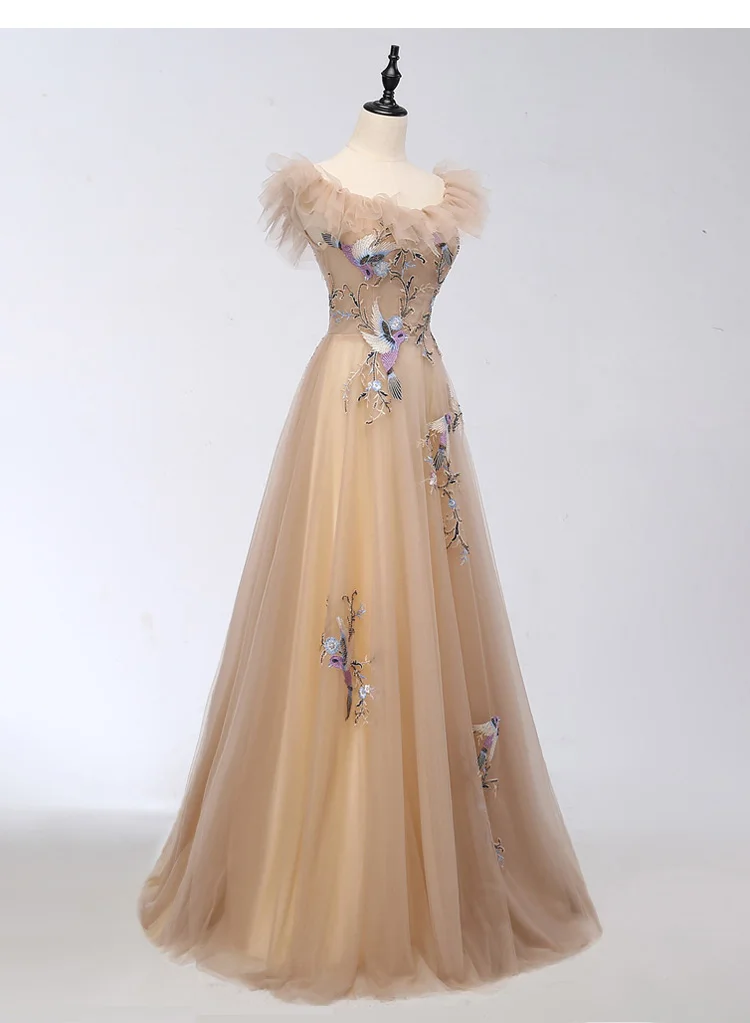 Шампанское гофрированный воротник птица вышивка бальное платье драматическая