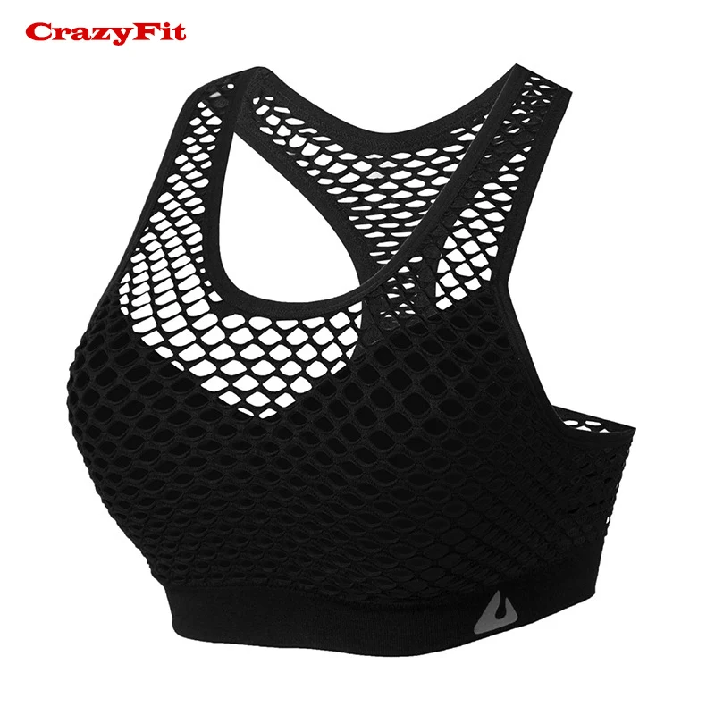 CrazyFit сексуальный сетчатый открытый спортивный бюстгальтер для женщин фитнес-йога, для бега, тренажерный зал пуш-ап мягкий бюстгальтер нижнее белье укороченный топ - Цвет: Black