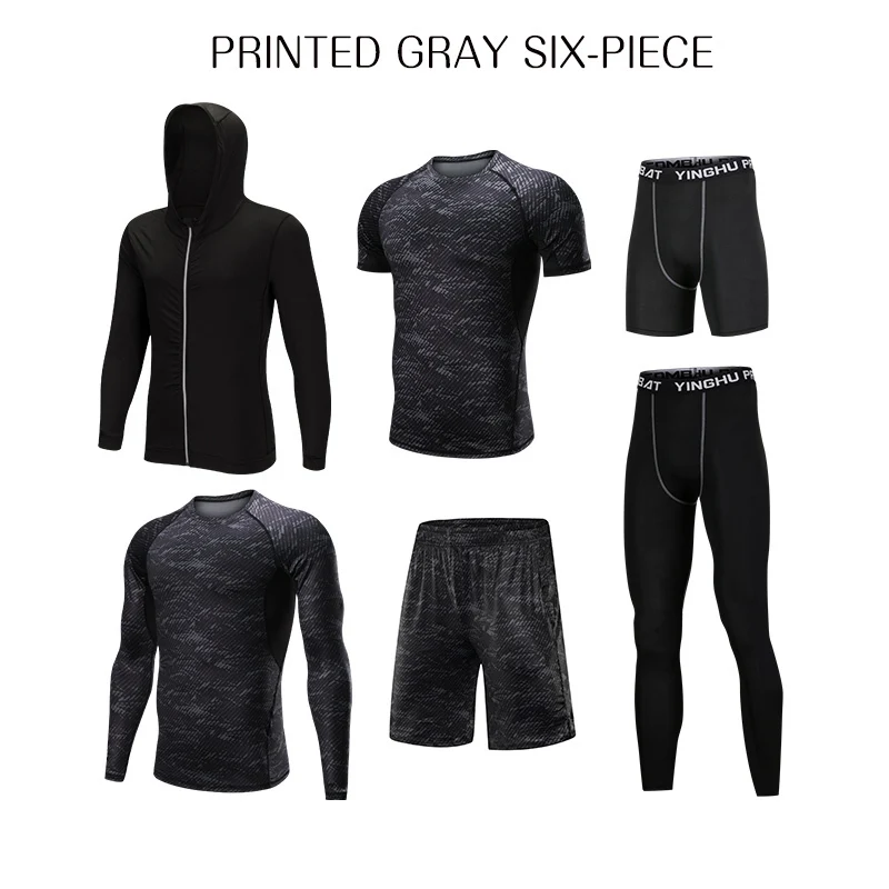 REXCHI 6 шт./партия, мужской спортивный костюм, компрессионный спортивный костюм, одежда для спортзала, фитнеса, бега, бега, спортивная одежда, тренировочные колготки - Цвет: 1 Printed Gray