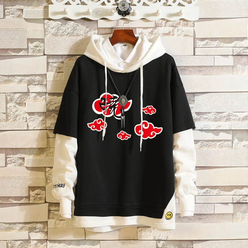 Модный пуловер с капюшоном с имитацией двух предметов Hokage Akatsuki/многослойный свитер с красными облаками хлопковая уличная одежда с контрастными рукавами 2 в 1
