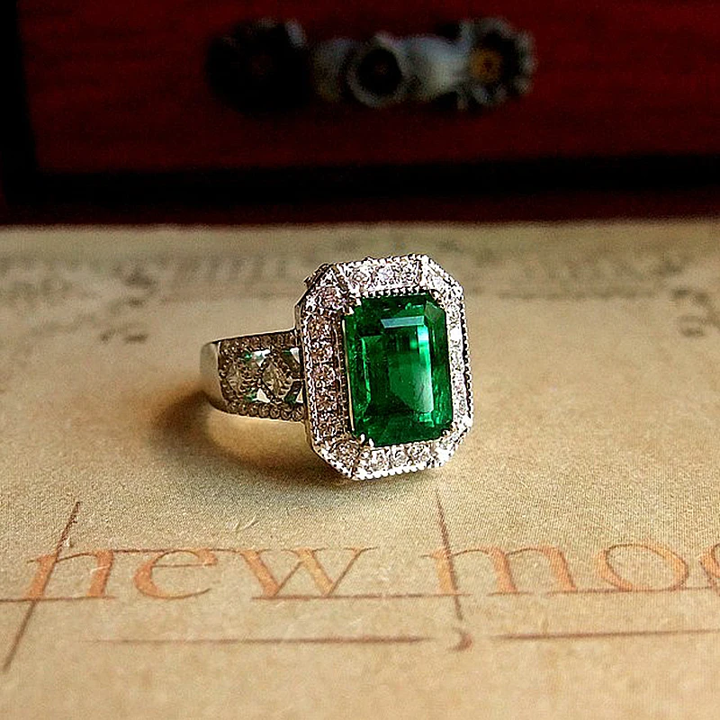 AAA Lab Created колумбийское Твердое 18K Белое Золото 2.7ctw Moissanite Green Emerald Halo Кольцо
