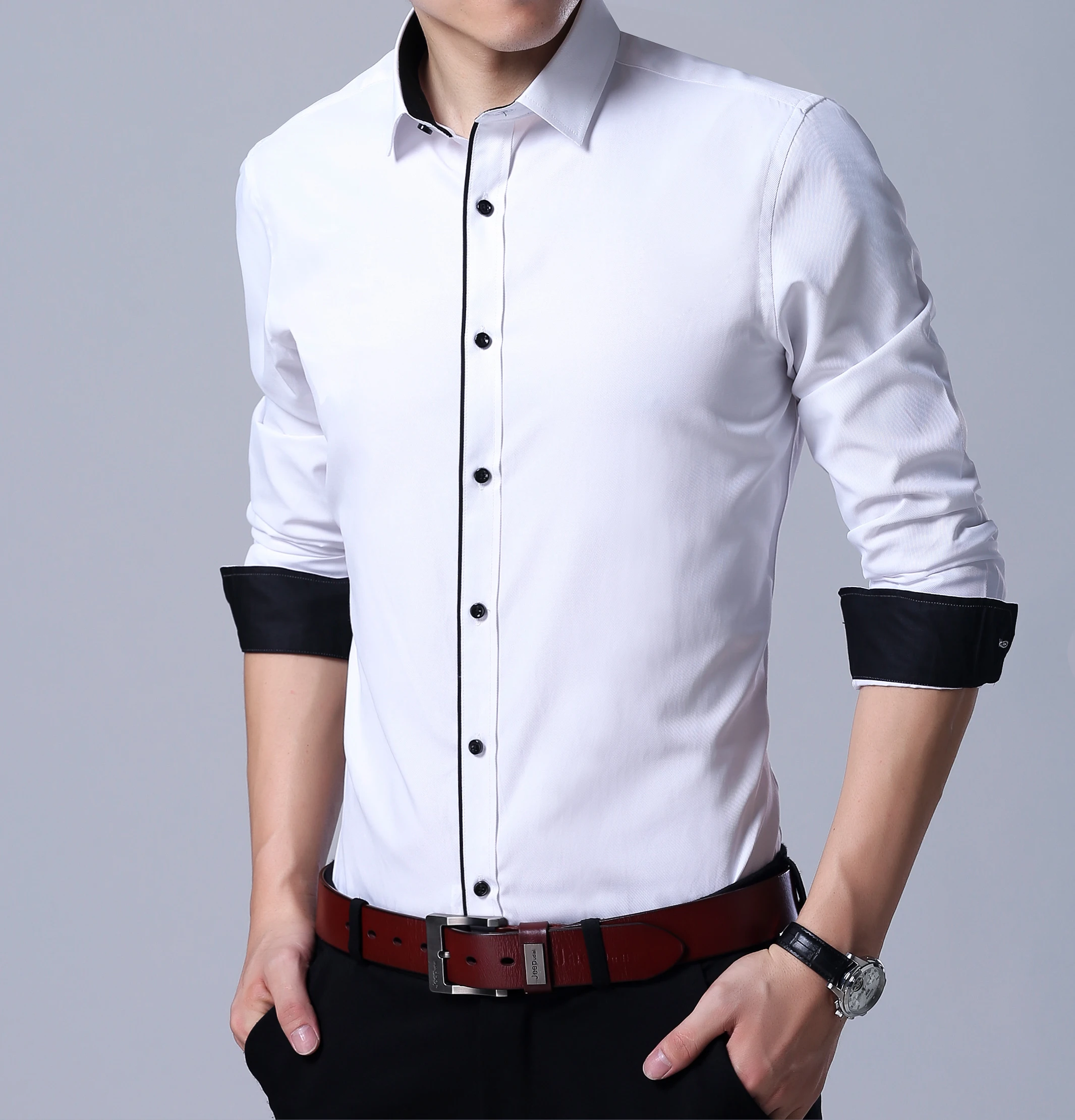 QISHA Mens Shirt Long Sleeve Business Smart Casual Solid Color Twill Male Clothing Slim Professional New Gray Social Man | Мужская