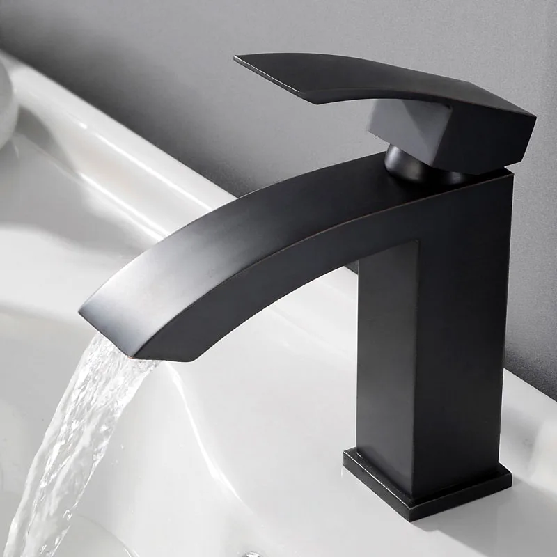 Медный смеситель для раковины черного цвета водопад ванной комнаты настенный