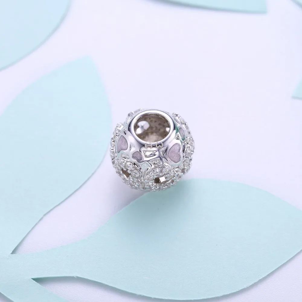 Видео! Любовь инкрустированные розовой эмалью серебряные бусины 925 пробы амулеты