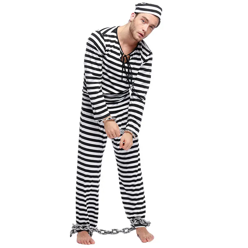 Umorden для женщин мужчин детей страшный зомби заключенный Jailbird костюм черный белый полосатый Хэллоуин Пурим костюмы нарядное платье - Цвет: men