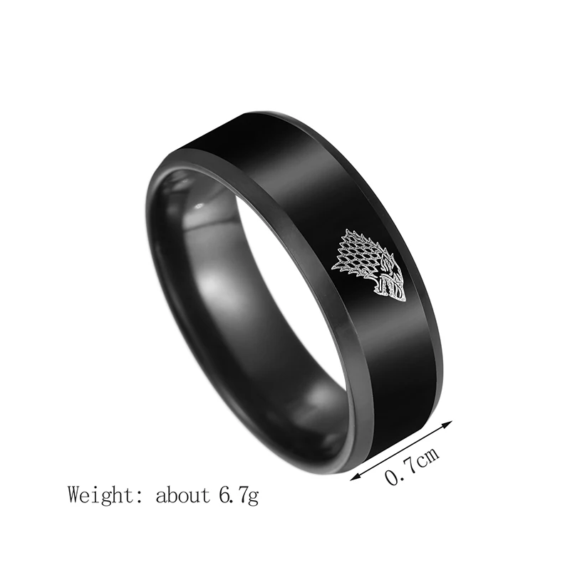 Кольцо UZone черного цвета с изображением ледяного волка из нержавеющей стали тату