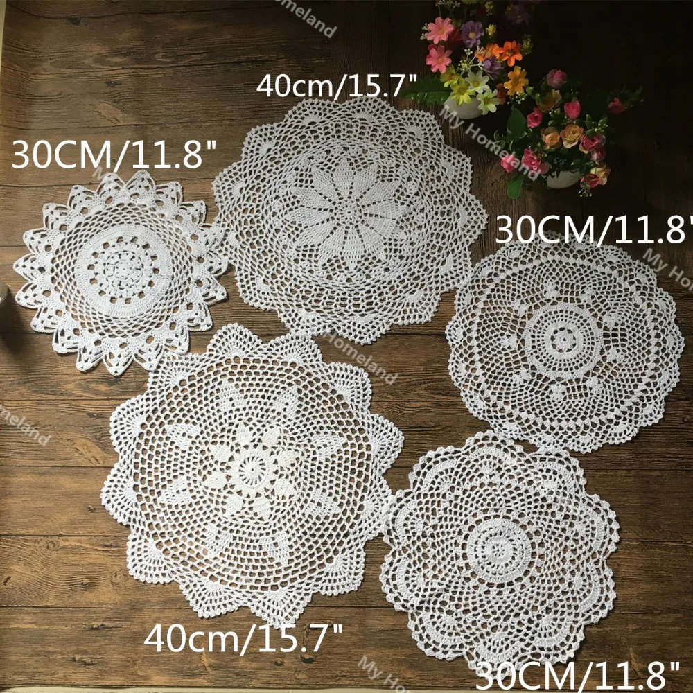 30-40 см, 5 шт., хлопок, ручная работа, вязанные крючком салфетки, подстаканник, подстаканник, винтажный стиль, цветочный узор, ручная вязка крючком, мотивы белого и бежевого цвета, HD170