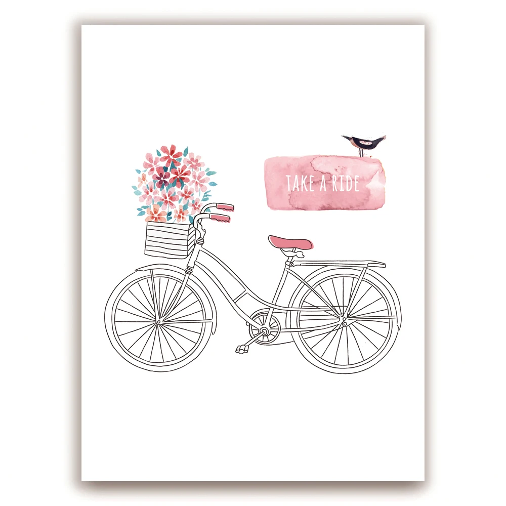 Новый велосипед Масляные картины розовый Цветочные Птицы Печать плакаты детские