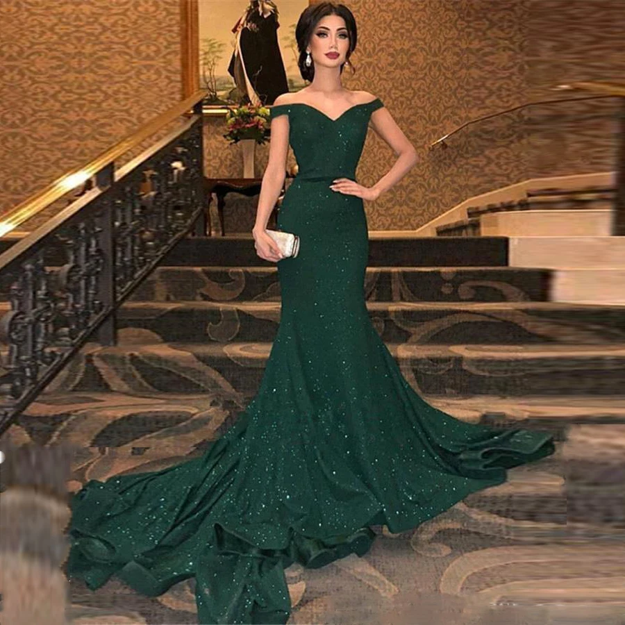 Элегантные темно зеленые вечерние платья Русалочки с блестками плеча рюшами