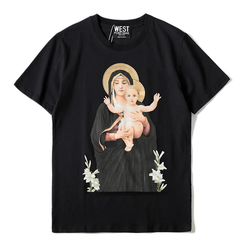 

New Novelty 19ss Men Virgin Mary Child T Shirts T-Shirt Hip Hop Skateboard Street Cotton T-Shirts Tee Top kenye #F73