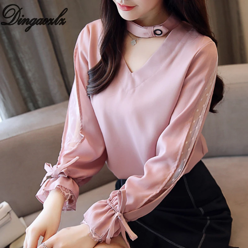 pink Dingaozlz, осенняя новинка, Женская Кружевная блуза, Лоскутная Сетка, кружевные топы с длинным рукавом, белая, розовая, шифоновая рубашка - Цвет: pink